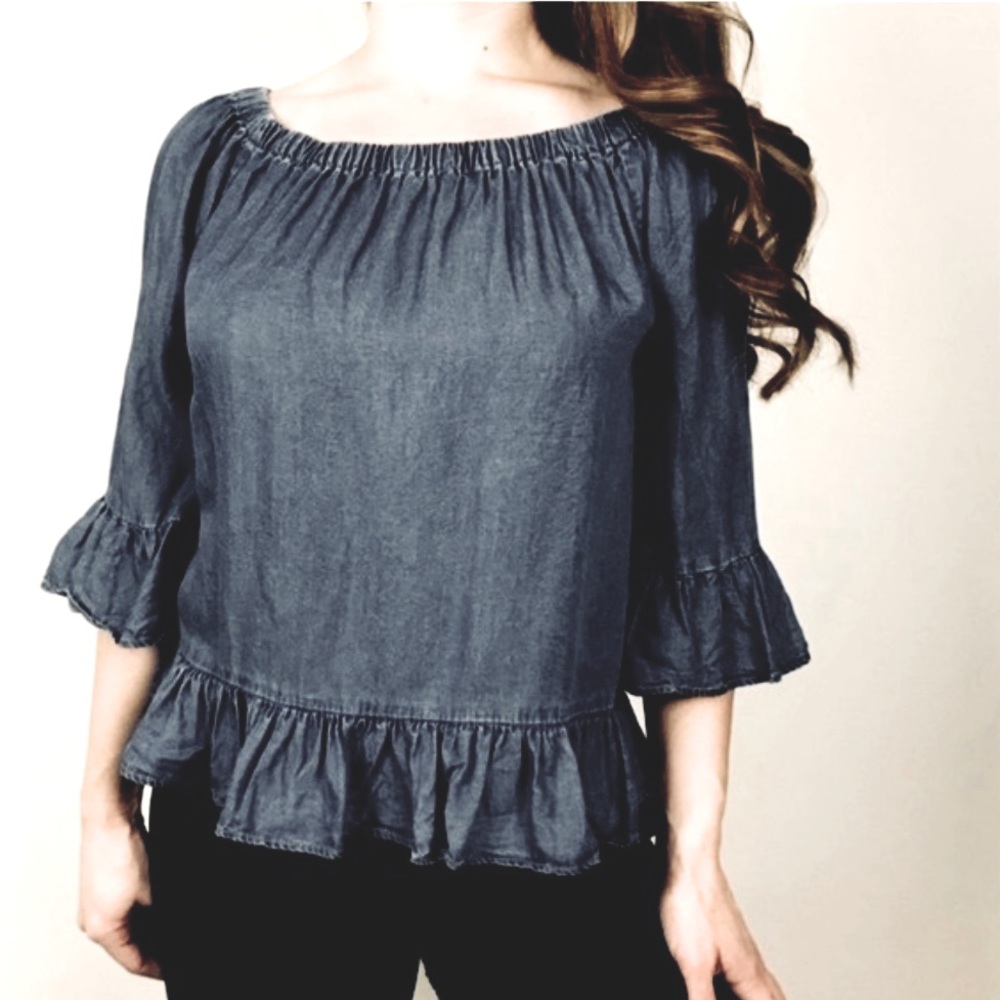 Jane and Delancey Blue Denim Chambray Ruffle Flowy Off Shoulder Boho Top Sz L